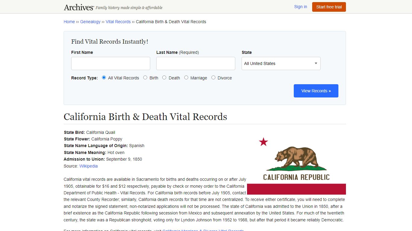 California Birth & Death Records | Vital Records - Archives.com